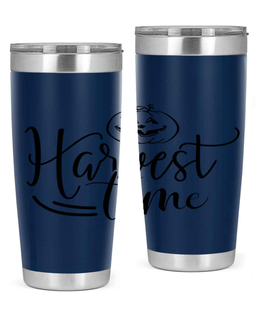 Harvest Time 267# Fall Tumbler in stainless steel with a copper lining, featuring a press-in drink-thru lid, ideal for hot and cold beverages.