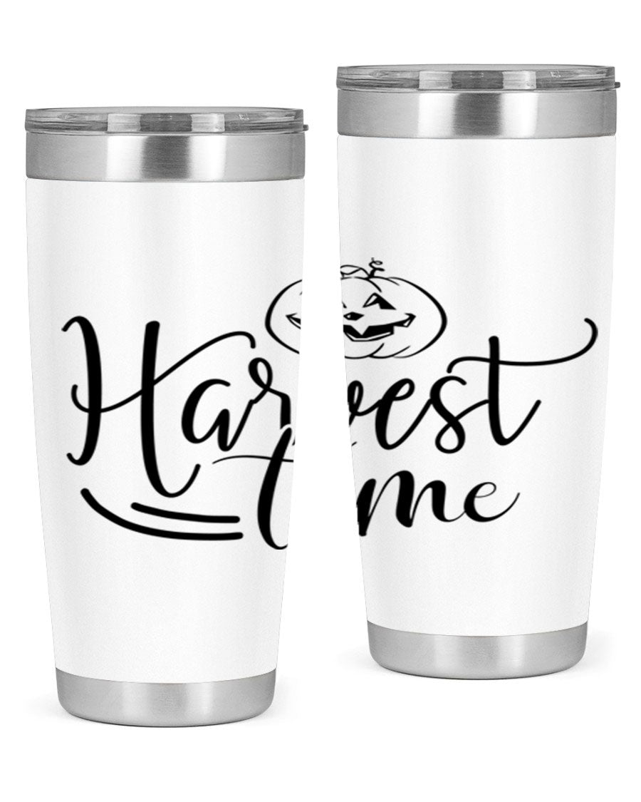Harvest Time 267# Fall Tumbler in stainless steel with a copper lining, featuring a press-in drink-thru lid, ideal for hot and cold beverages.