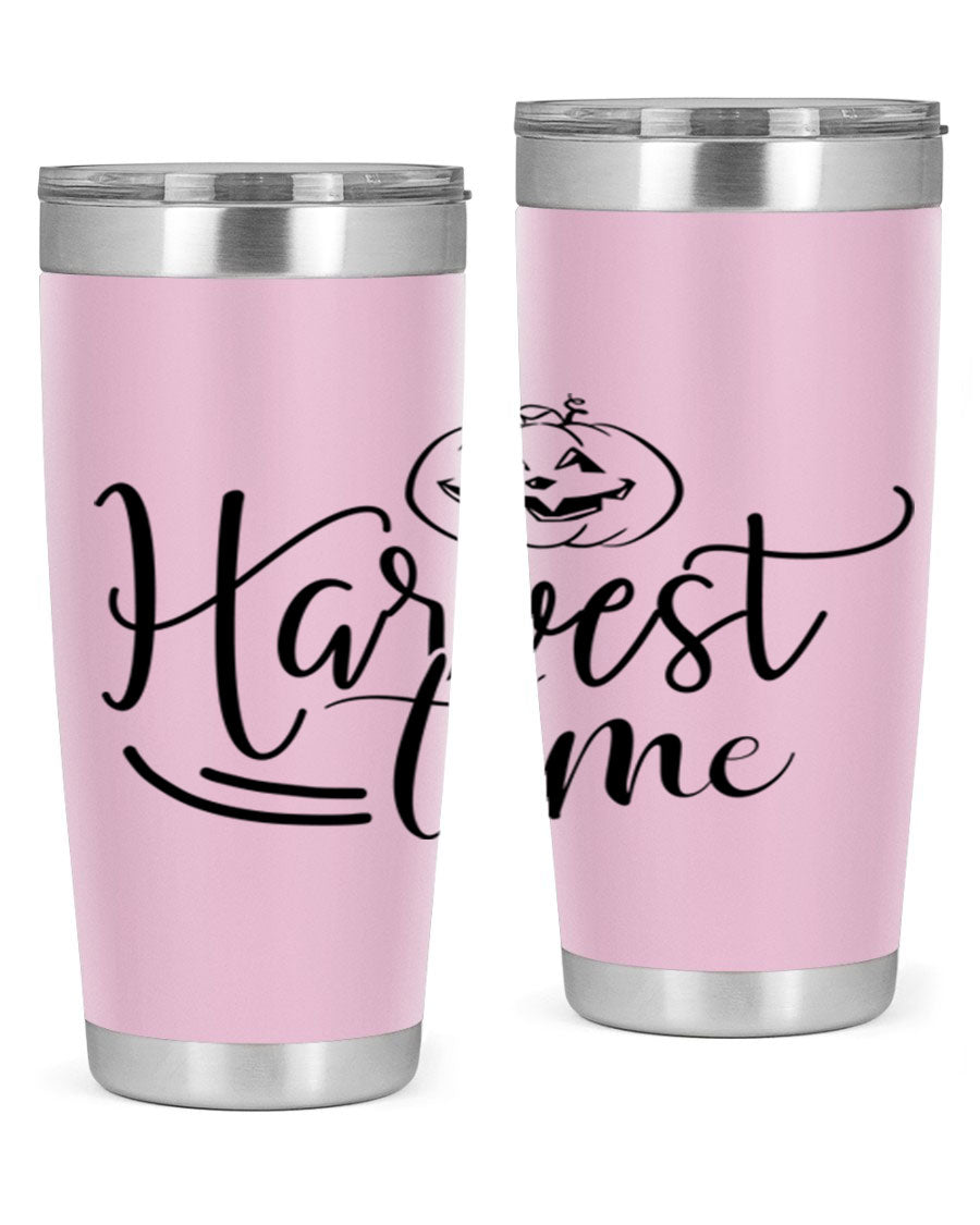Harvest Time 267# Fall Tumbler in stainless steel with a copper lining, featuring a press-in drink-thru lid, ideal for hot and cold beverages.