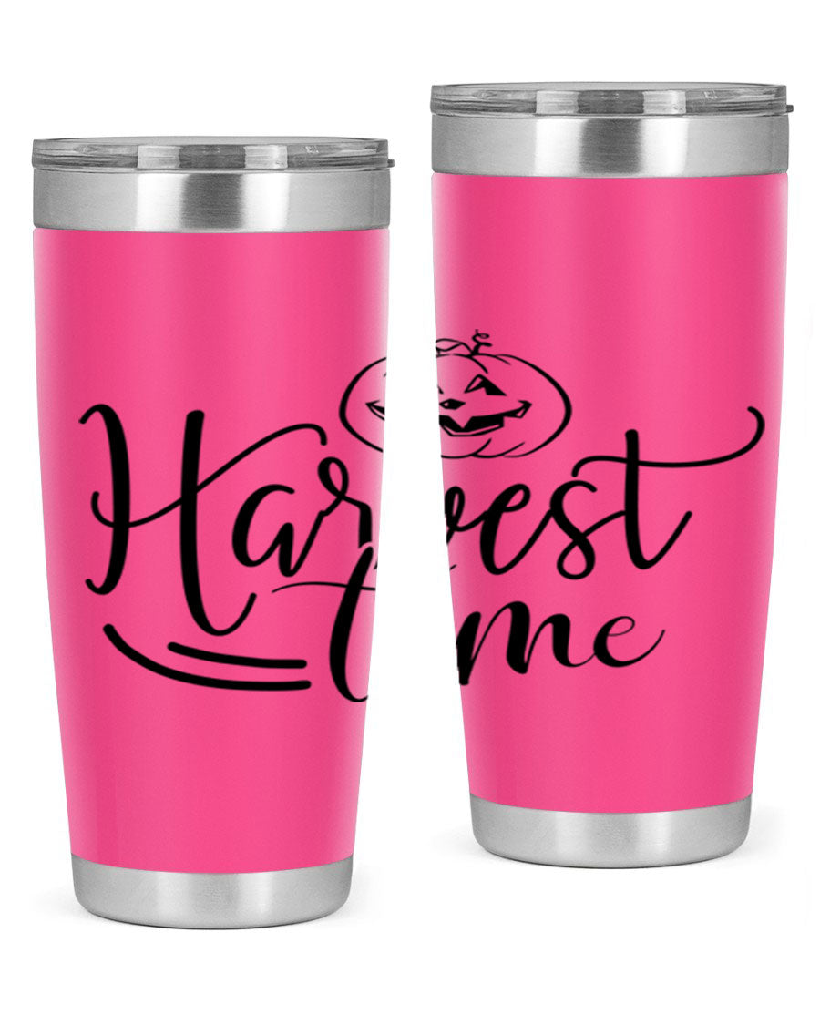 Harvest Time 267# Fall Tumbler in stainless steel with a copper lining, featuring a press-in drink-thru lid, ideal for hot and cold beverages.