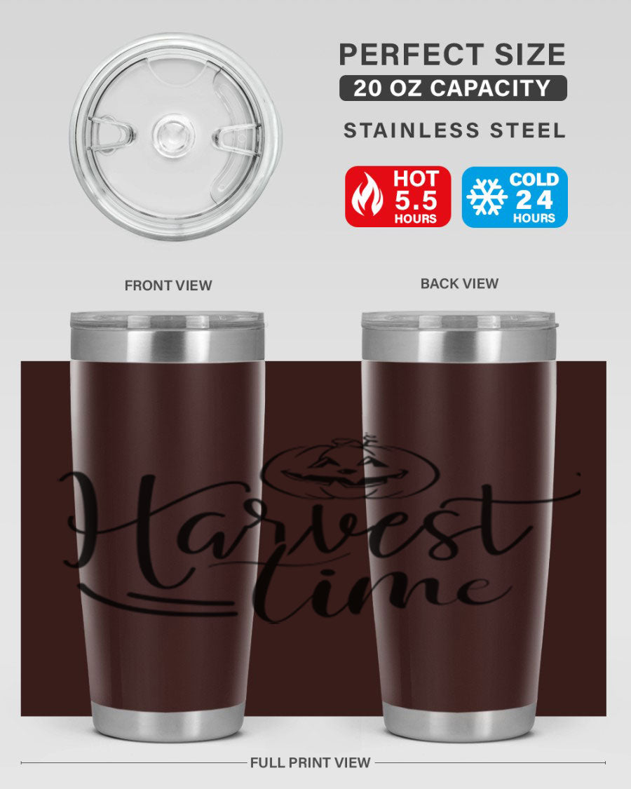 Harvest Time 267# Fall Tumbler in stainless steel with a copper lining, featuring a press-in drink-thru lid, ideal for hot and cold beverages.