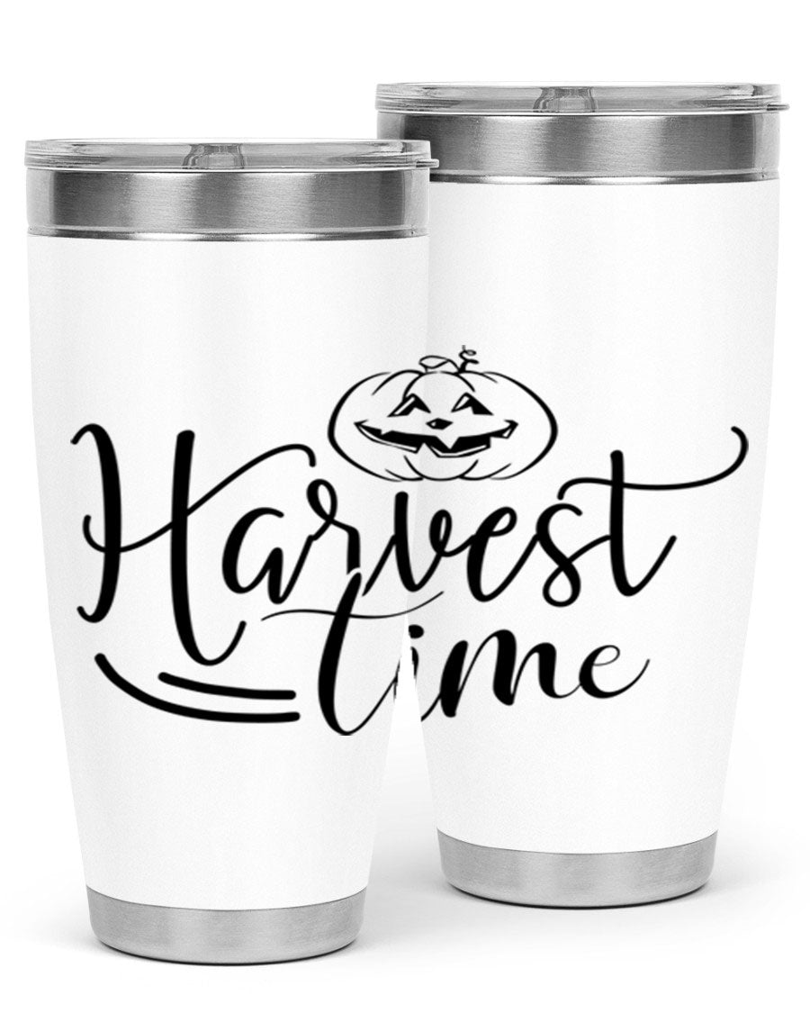 Harvest Time 267# Fall Tumbler in stainless steel with a copper lining, featuring a press-in drink-thru lid, ideal for hot and cold beverages.