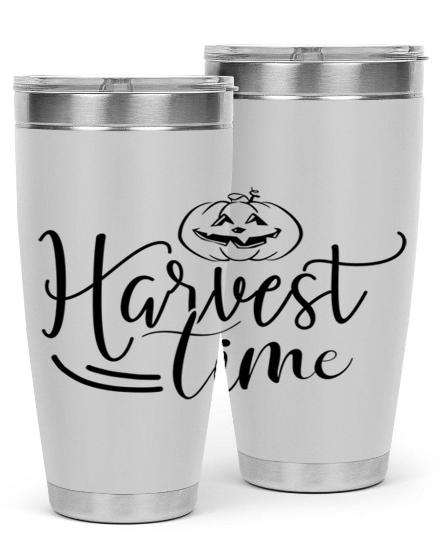 Harvest Time 267# Fall Tumbler in stainless steel with a copper lining, featuring a press-in drink-thru lid, ideal for hot and cold beverages.
