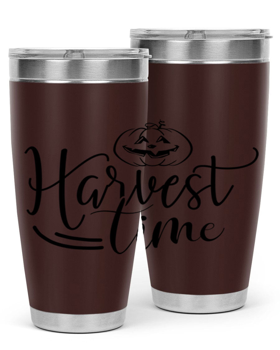 Harvest Time 267# Fall Tumbler in stainless steel with a copper lining, featuring a press-in drink-thru lid, ideal for hot and cold beverages.