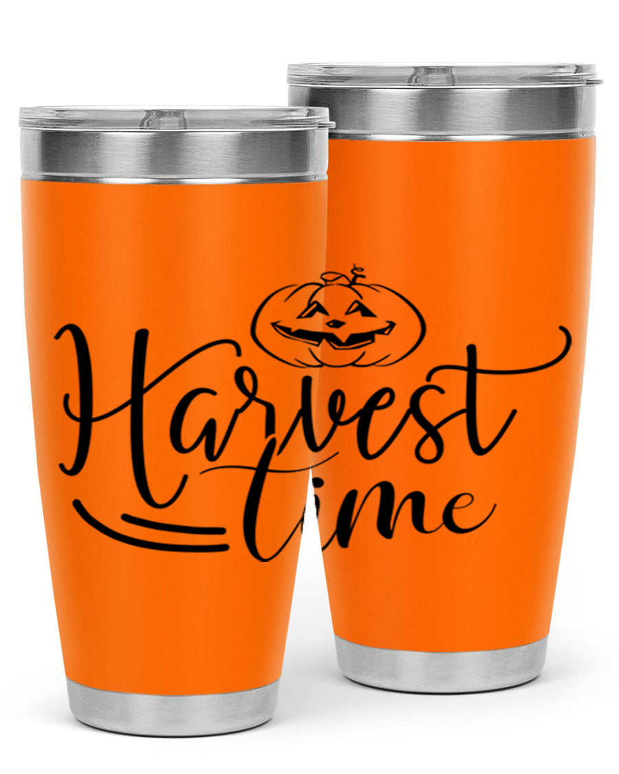 Harvest Time 267# Fall Tumbler in stainless steel with a copper lining, featuring a press-in drink-thru lid, ideal for hot and cold beverages.