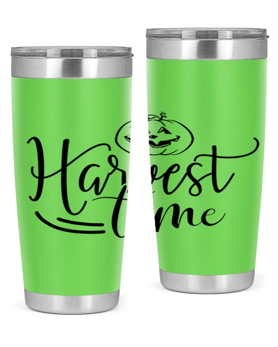 Harvest Time 267# Fall Tumbler in stainless steel with a copper lining, featuring a press-in drink-thru lid, ideal for hot and cold beverages.
