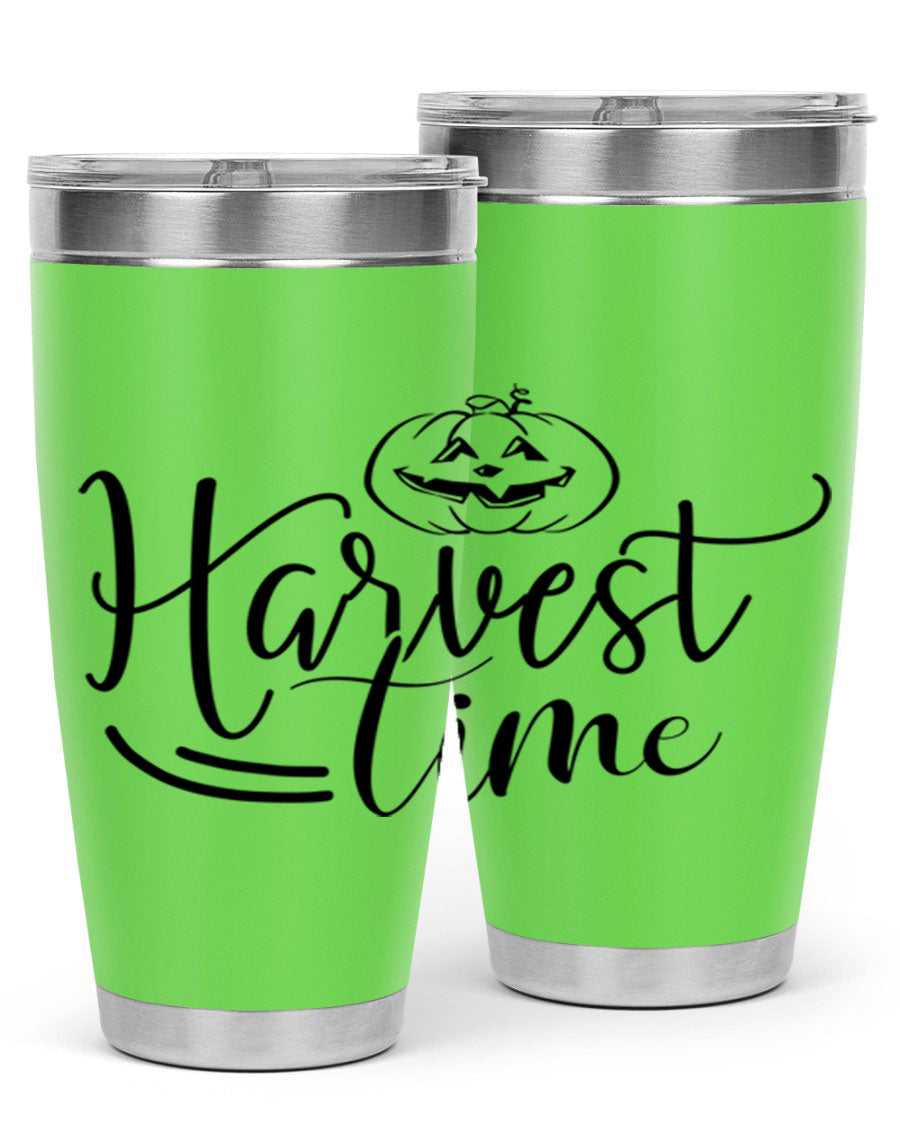 Harvest Time 267# Fall Tumbler in stainless steel with a copper lining, featuring a press-in drink-thru lid, ideal for hot and cold beverages.