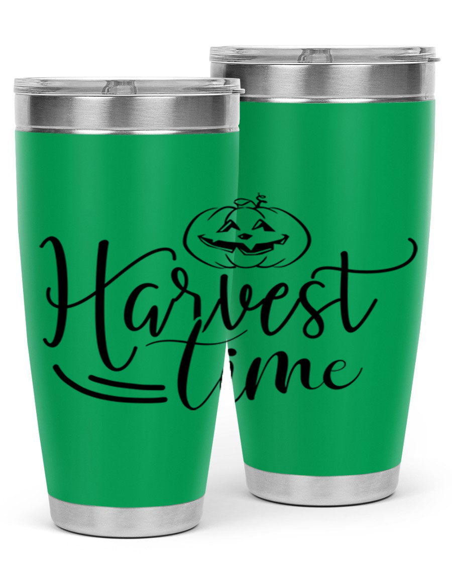 Harvest Time 267# Fall Tumbler in stainless steel with a copper lining, featuring a press-in drink-thru lid, ideal for hot and cold beverages.
