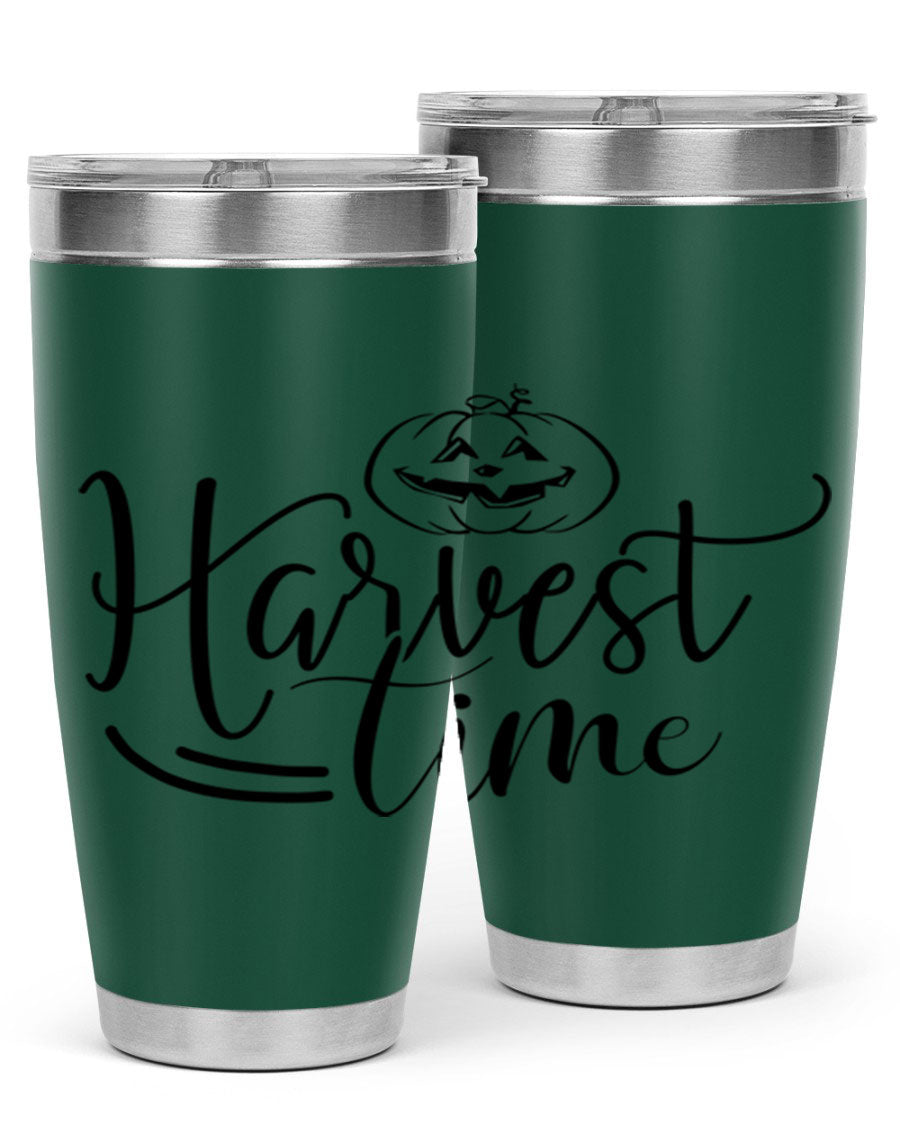 Harvest Time 267# Fall Tumbler in stainless steel with a copper lining, featuring a press-in drink-thru lid, ideal for hot and cold beverages.