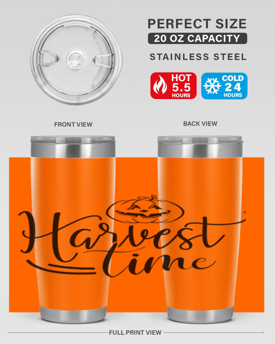 Harvest Time 267# Fall Tumbler in stainless steel with a copper lining, featuring a press-in drink-thru lid, ideal for hot and cold beverages.