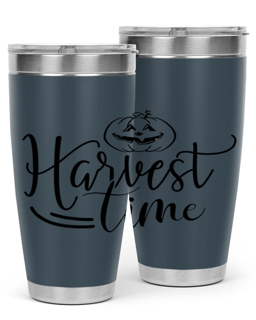Harvest Time 267# Fall Tumbler in stainless steel with a copper lining, featuring a press-in drink-thru lid, ideal for hot and cold beverages.