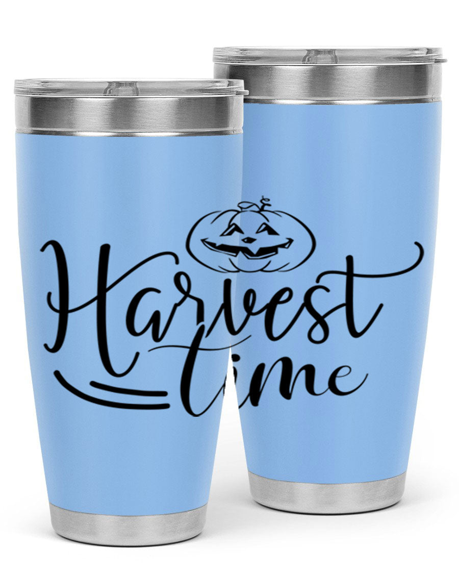 Harvest Time 267# Fall Tumbler in stainless steel with a copper lining, featuring a press-in drink-thru lid, ideal for hot and cold beverages.