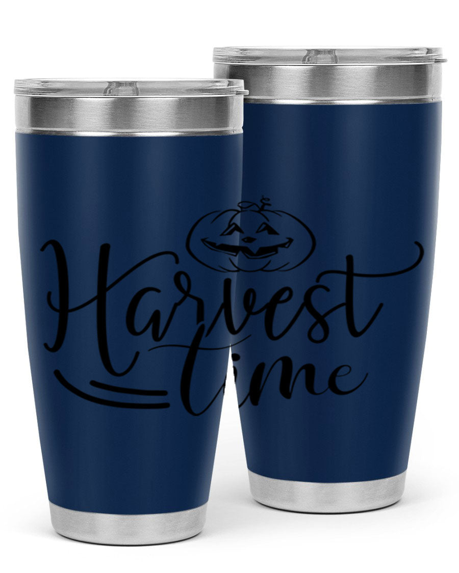 Harvest Time 267# Fall Tumbler in stainless steel with a copper lining, featuring a press-in drink-thru lid, ideal for hot and cold beverages.