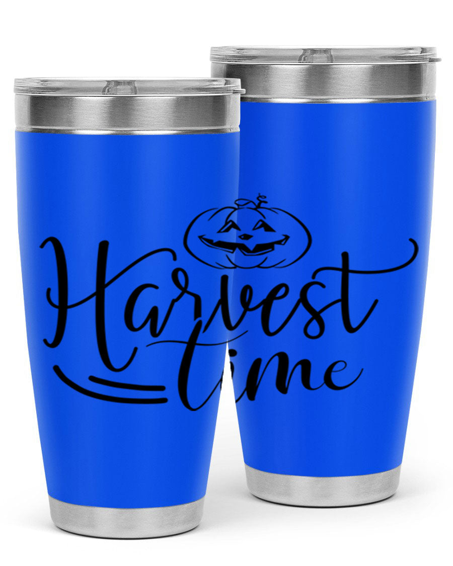 Harvest Time 267# Fall Tumbler in stainless steel with a copper lining, featuring a press-in drink-thru lid, ideal for hot and cold beverages.