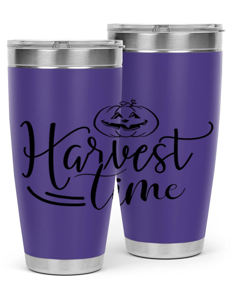 Harvest Time 267# Fall Tumbler in stainless steel with a copper lining, featuring a press-in drink-thru lid, ideal for hot and cold beverages.