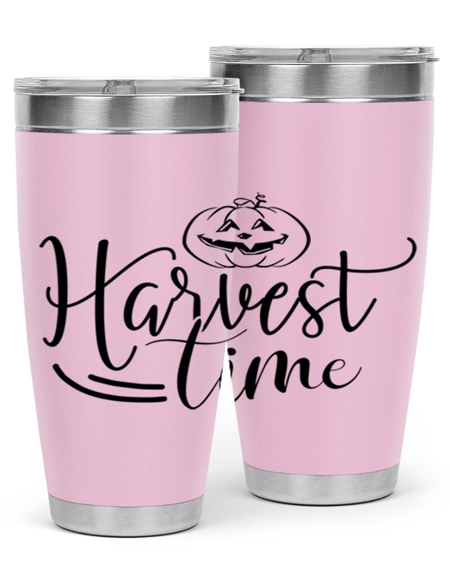 Harvest Time 267# Fall Tumbler in stainless steel with a copper lining, featuring a press-in drink-thru lid, ideal for hot and cold beverages.