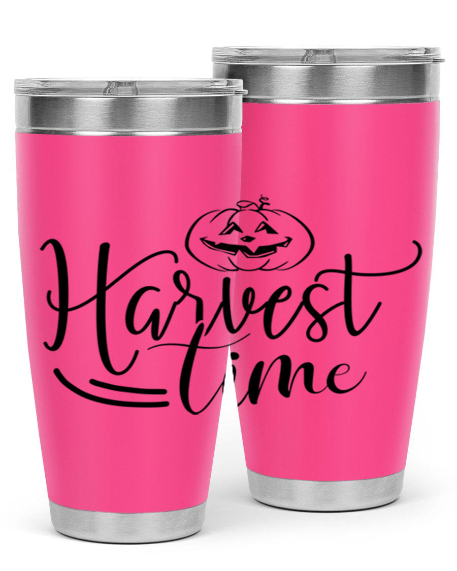 Harvest Time 267# Fall Tumbler in stainless steel with a copper lining, featuring a press-in drink-thru lid, ideal for hot and cold beverages.