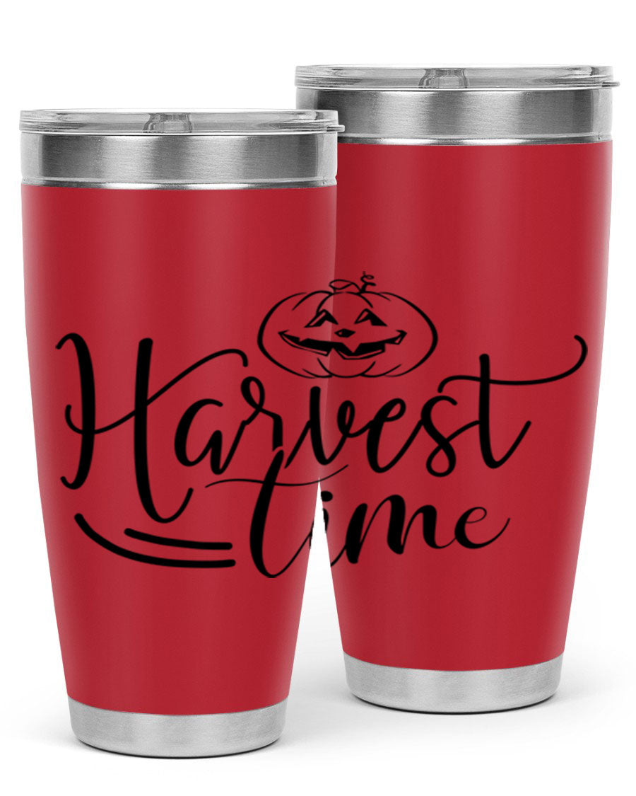 Harvest Time 267# Fall Tumbler in stainless steel with a copper lining, featuring a press-in drink-thru lid, ideal for hot and cold beverages.