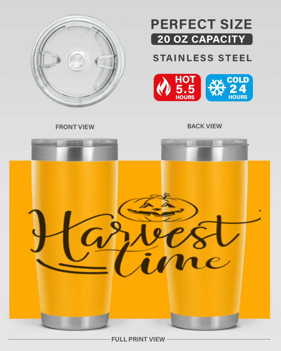 Harvest Time 267# Fall Tumbler in stainless steel with a copper lining, featuring a press-in drink-thru lid, ideal for hot and cold beverages.