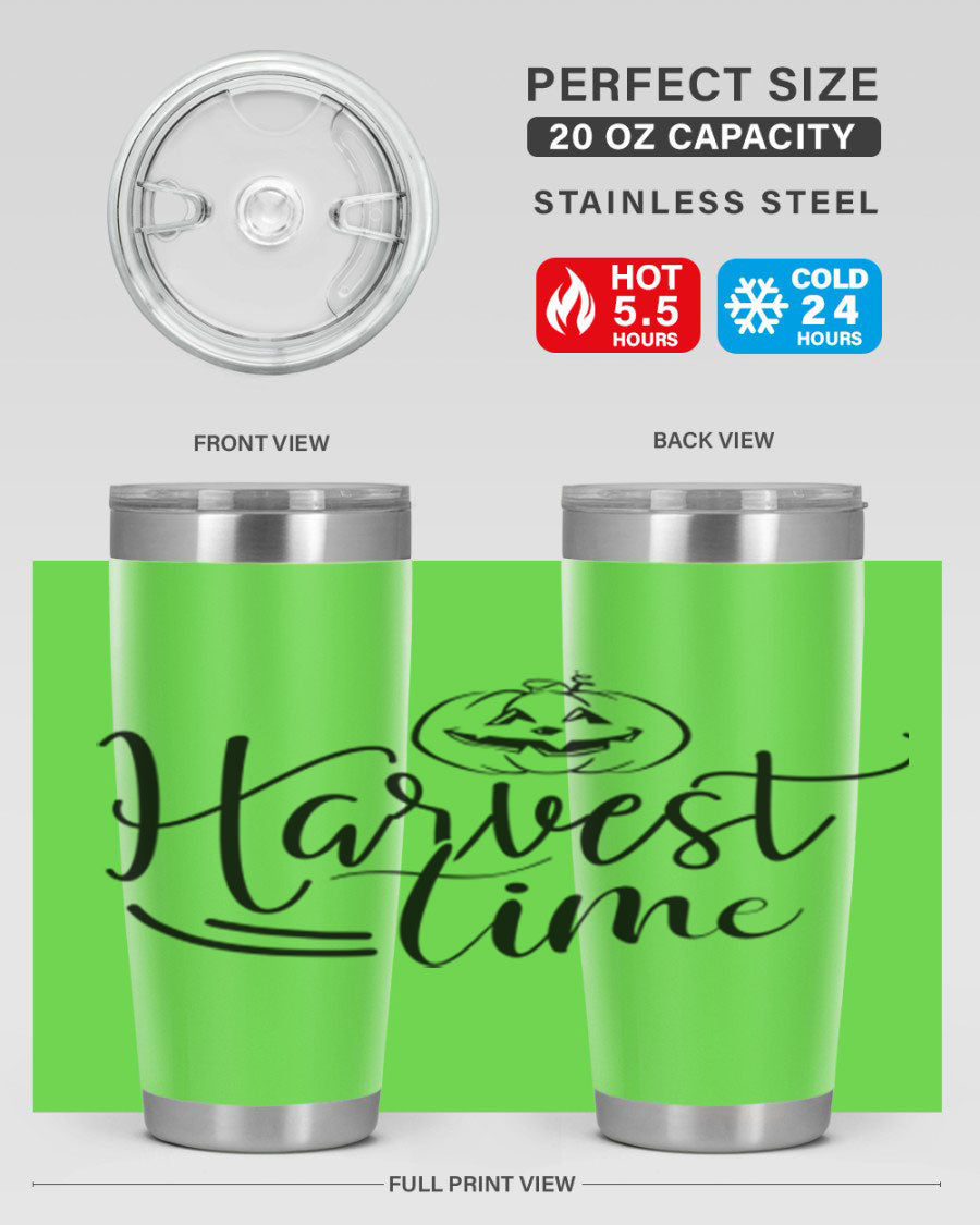 Harvest Time 267# Fall Tumbler in stainless steel with a copper lining, featuring a press-in drink-thru lid, ideal for hot and cold beverages.