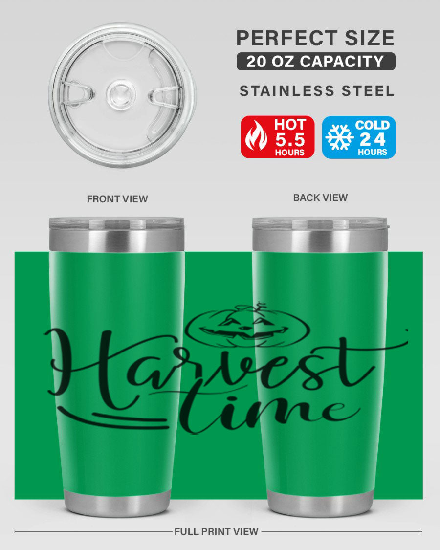 Harvest Time 267# Fall Tumbler in stainless steel with a copper lining, featuring a press-in drink-thru lid, ideal for hot and cold beverages.