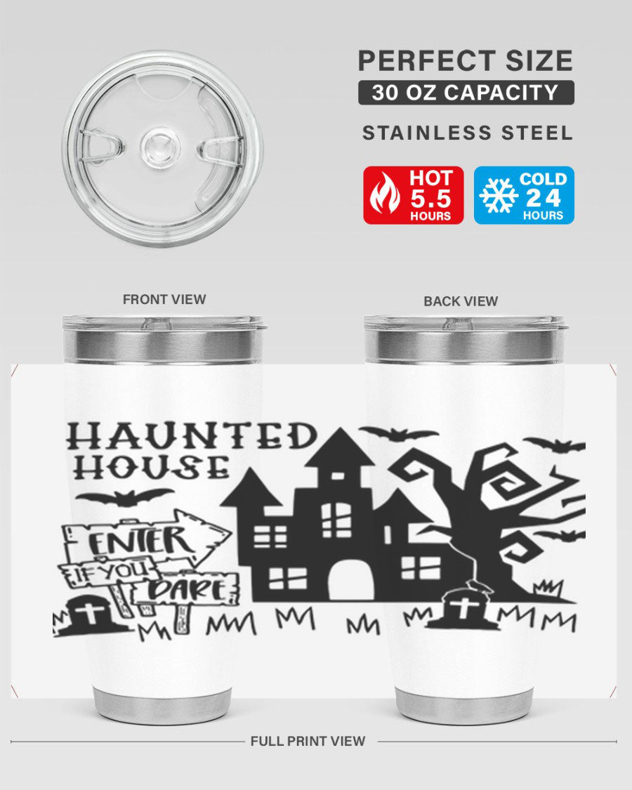 Haunted House Enter If You Dare tumbler featuring a spooky design, made from stainless steel with a drink-thru lid.