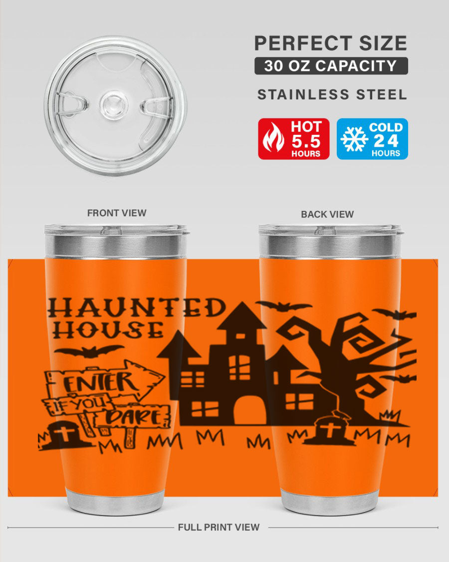 Haunted House Enter If You Dare tumbler featuring a spooky design, made from stainless steel with a drink-thru lid.