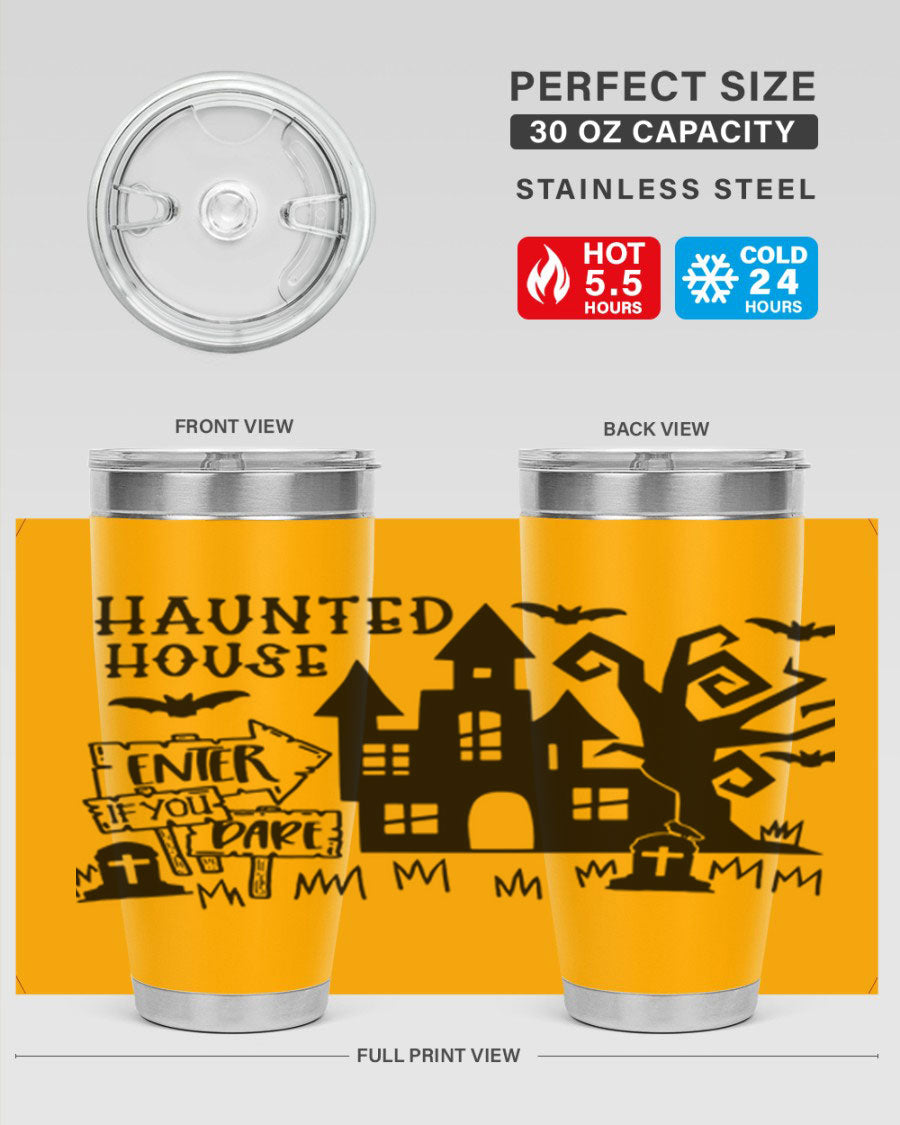 Haunted House Enter If You Dare tumbler featuring a spooky design, made from stainless steel with a drink-thru lid.