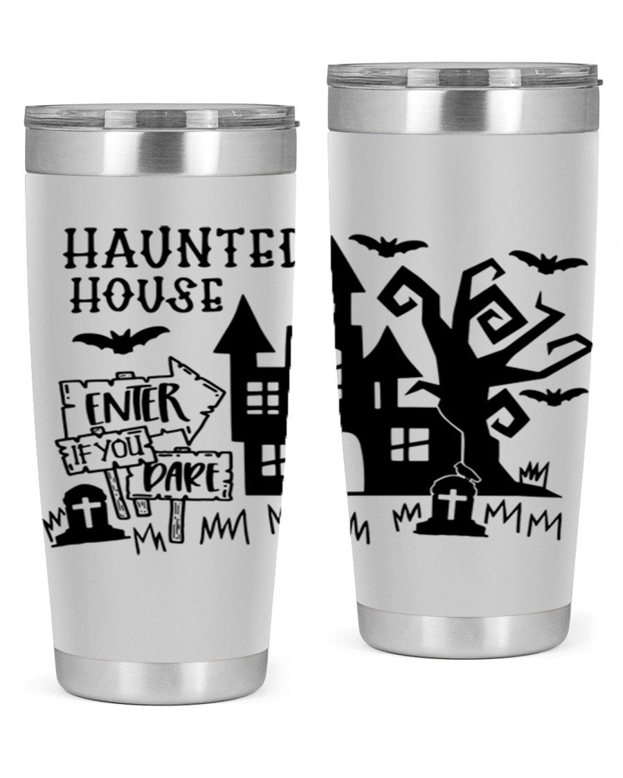 Haunted House Enter If You Dare tumbler featuring a spooky design, made from stainless steel with a drink-thru lid.