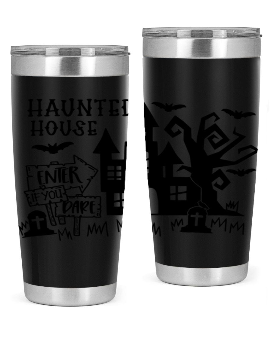 Haunted House Enter If You Dare tumbler featuring a spooky design, made from stainless steel with a drink-thru lid.