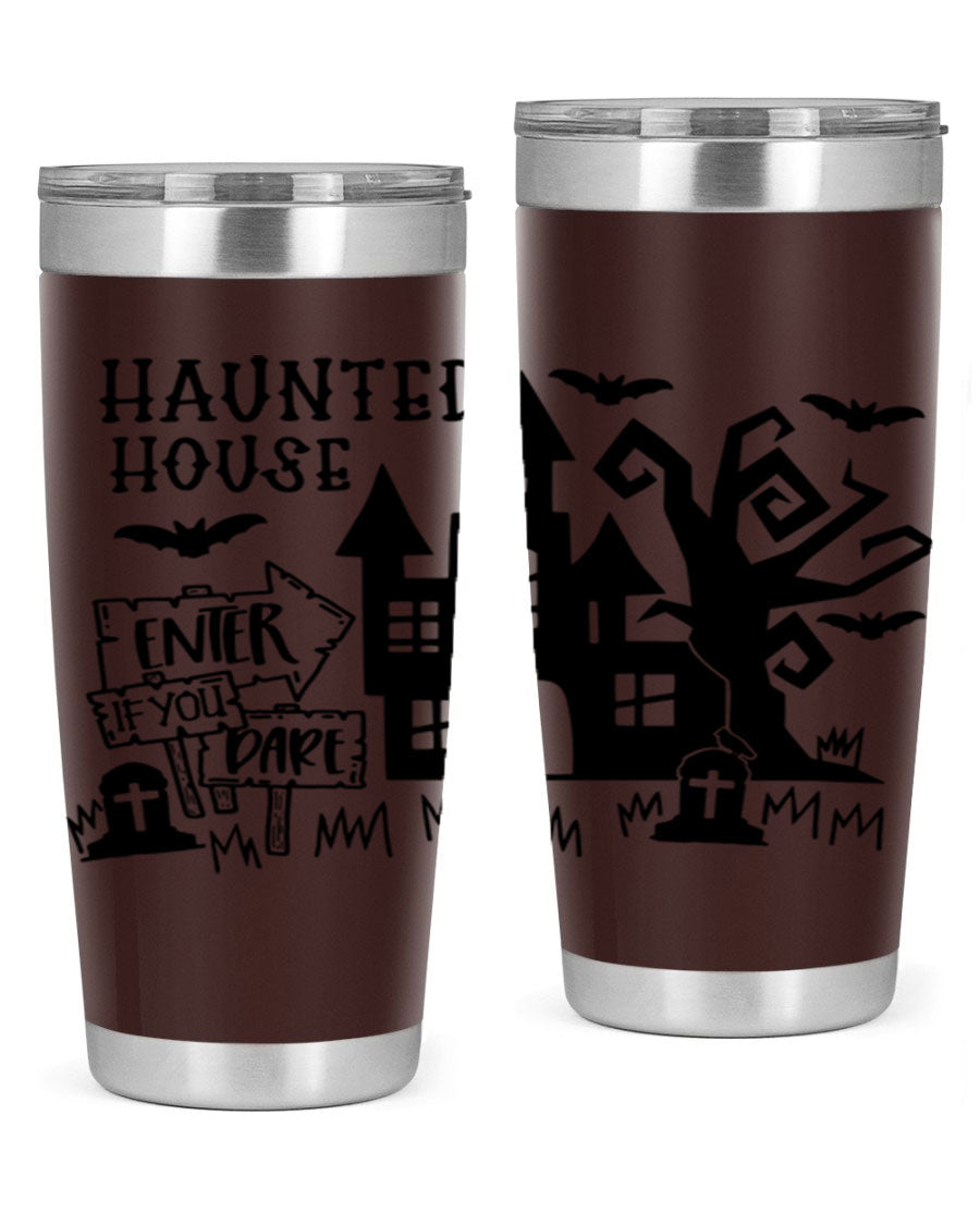 Haunted House Enter If You Dare tumbler featuring a spooky design, made from stainless steel with a drink-thru lid.