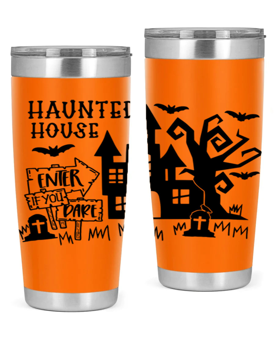 Haunted House Enter If You Dare tumbler featuring a spooky design, made from stainless steel with a drink-thru lid.