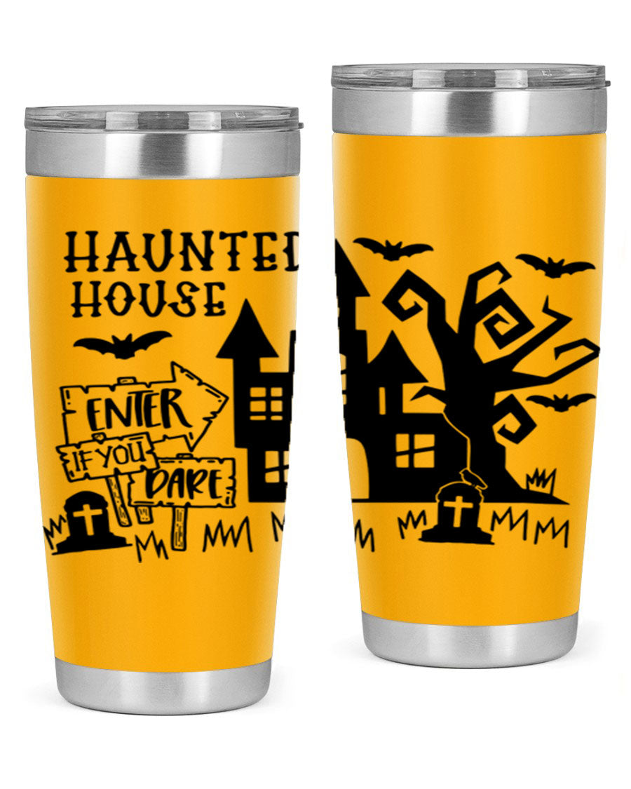 Haunted House Enter If You Dare tumbler featuring a spooky design, made from stainless steel with a drink-thru lid.