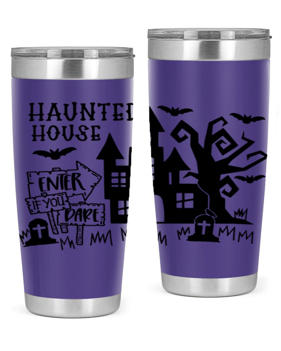 Haunted House Enter If You Dare tumbler featuring a spooky design, made from stainless steel with a drink-thru lid.