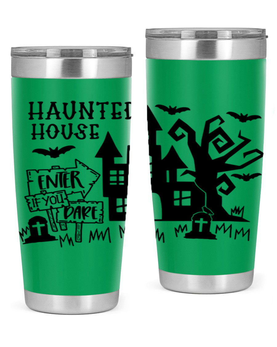 Haunted House Enter If You Dare tumbler featuring a spooky design, made from stainless steel with a drink-thru lid.