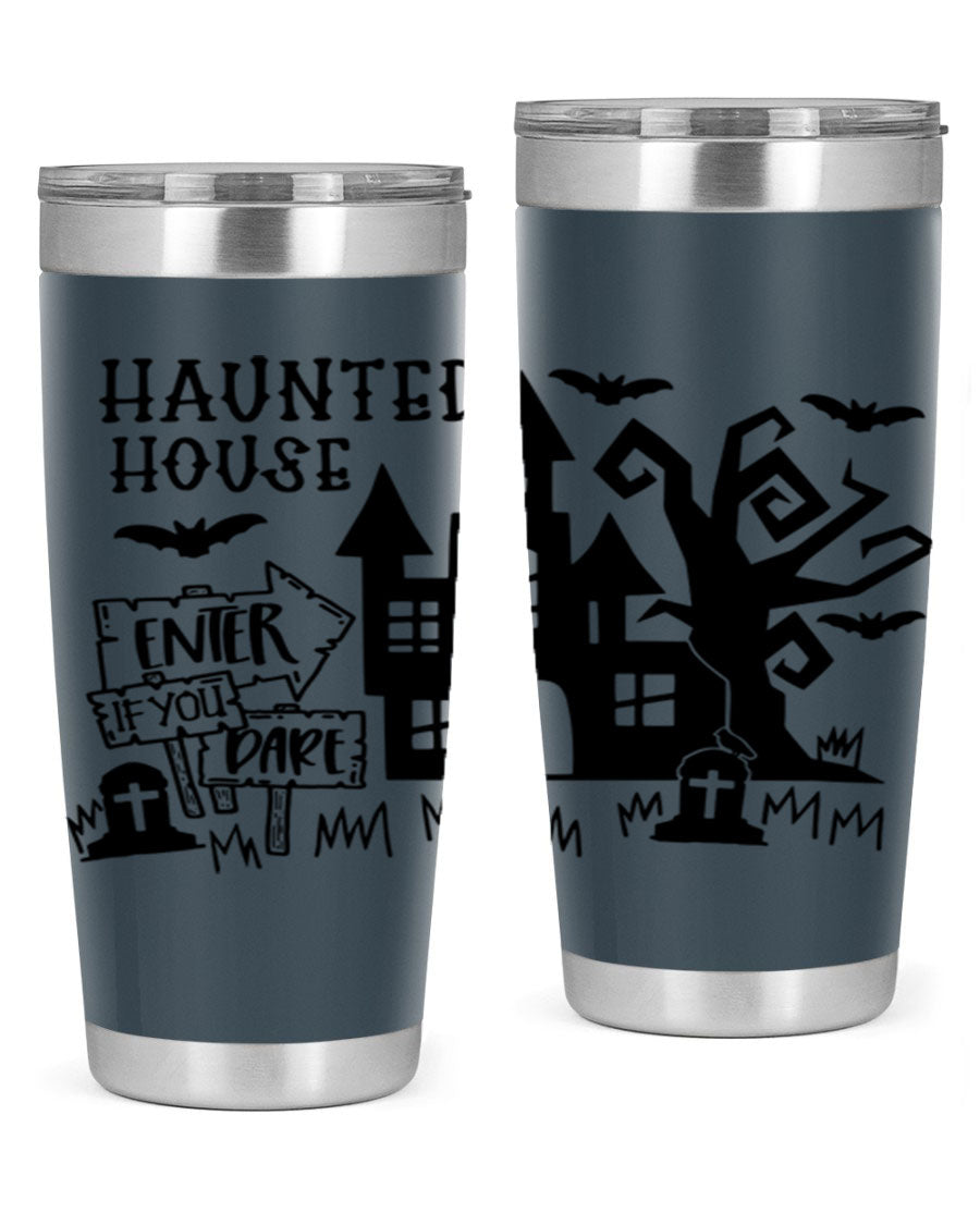 Haunted House Enter If You Dare tumbler featuring a spooky design, made from stainless steel with a drink-thru lid.