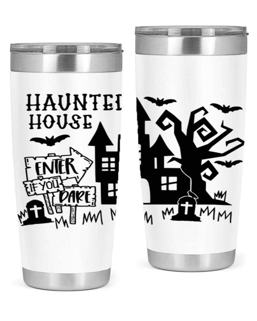 Haunted House Enter If You Dare tumbler featuring a spooky design, made from stainless steel with a drink-thru lid.