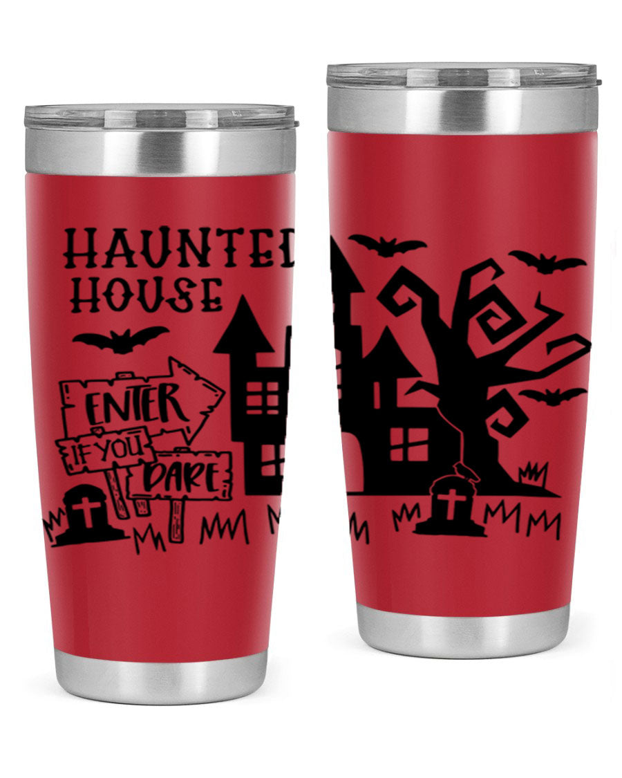 Haunted House Enter If You Dare tumbler featuring a spooky design, made from stainless steel with a drink-thru lid.