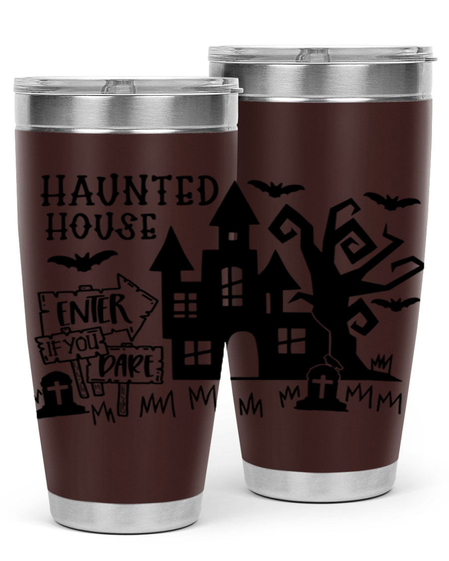 Haunted House Enter If You Dare tumbler featuring a spooky design, made from stainless steel with a drink-thru lid.