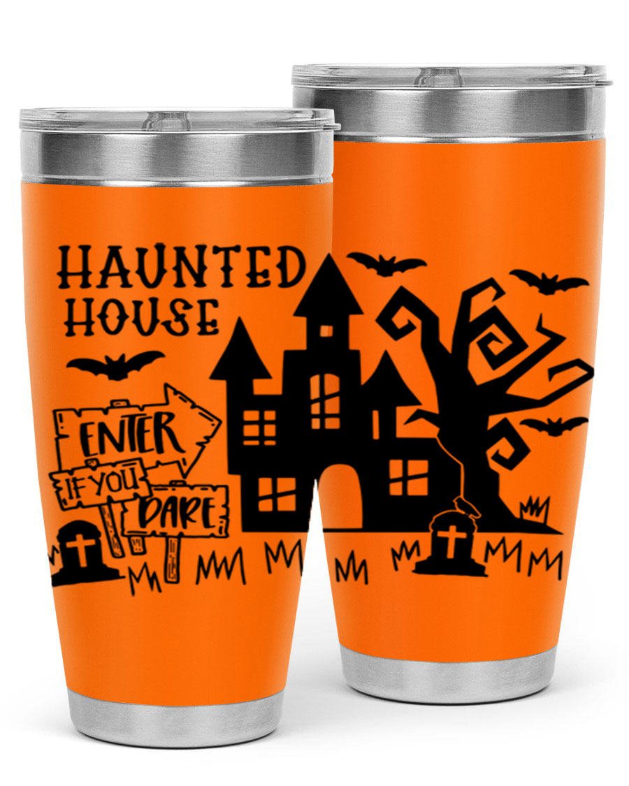 Haunted House Enter If You Dare tumbler featuring a spooky design, made from stainless steel with a drink-thru lid.