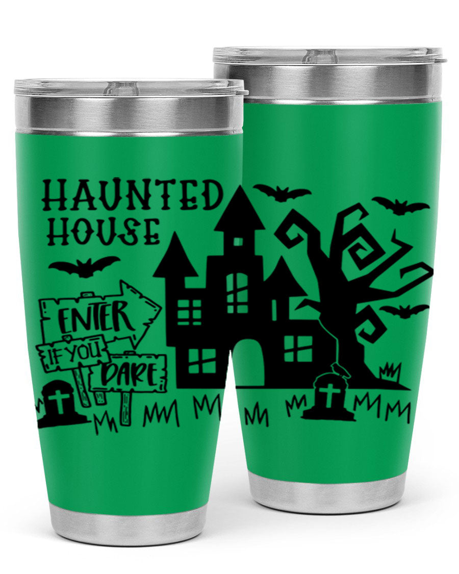 Haunted House Enter If You Dare tumbler featuring a spooky design, made from stainless steel with a drink-thru lid.