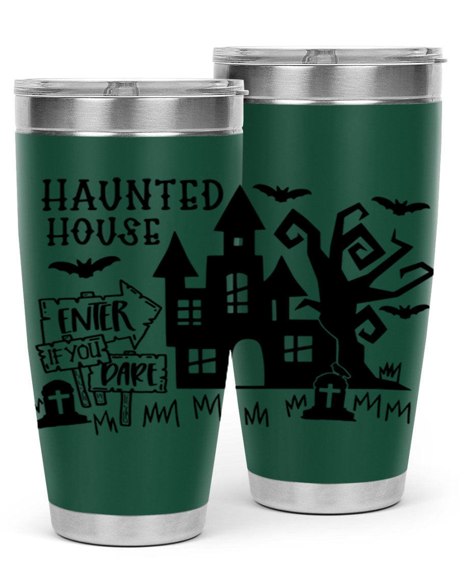 Haunted House Enter If You Dare tumbler featuring a spooky design, made from stainless steel with a drink-thru lid.