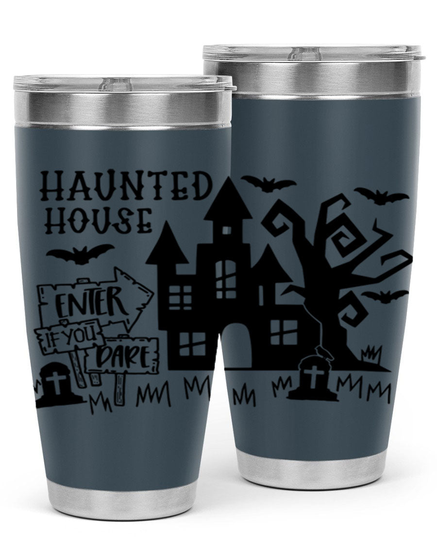 Haunted House Enter If You Dare tumbler featuring a spooky design, made from stainless steel with a drink-thru lid.