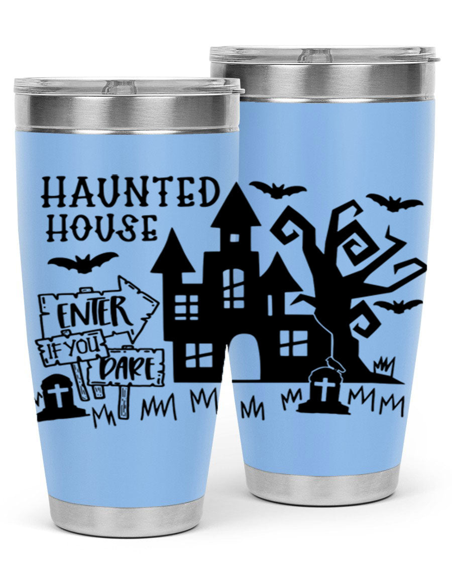 Haunted House Enter If You Dare tumbler featuring a spooky design, made from stainless steel with a drink-thru lid.