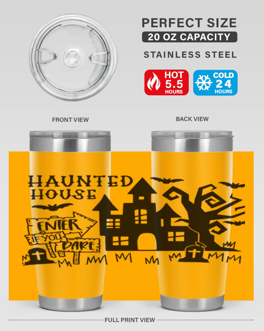 Haunted House Enter If You Dare tumbler featuring a spooky design, made from stainless steel with a drink-thru lid.