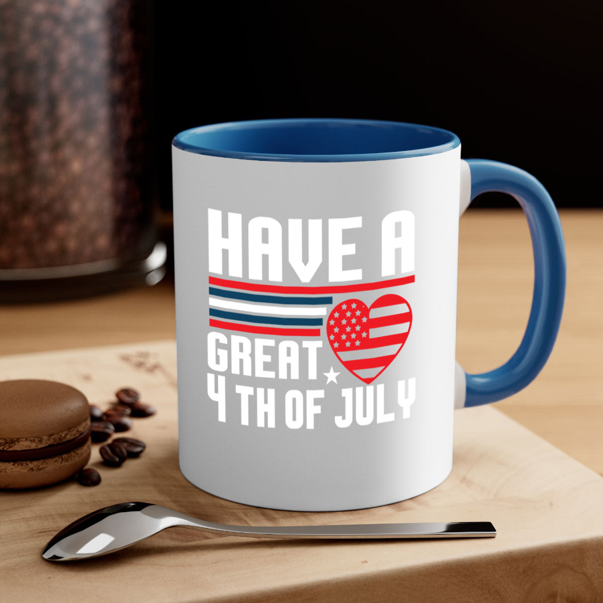 A stylish two-tone 4th of July mug with a colored handle and glossy finish, perfect for coffee or tea.