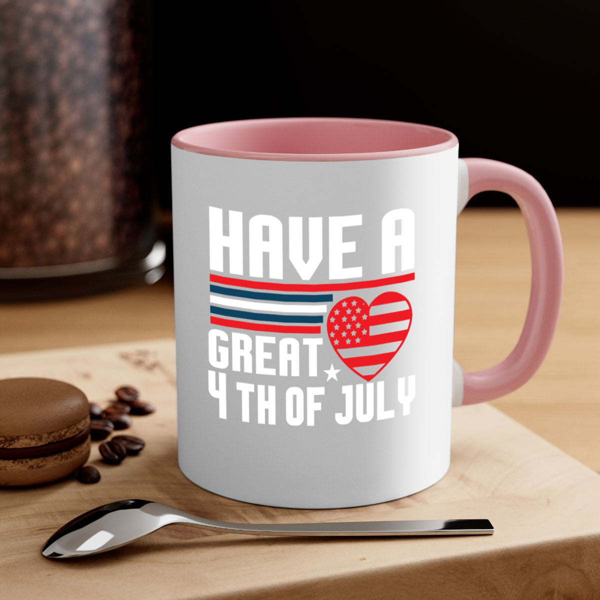 A stylish two-tone 4th of July mug with a colored handle and glossy finish, perfect for coffee or tea.
