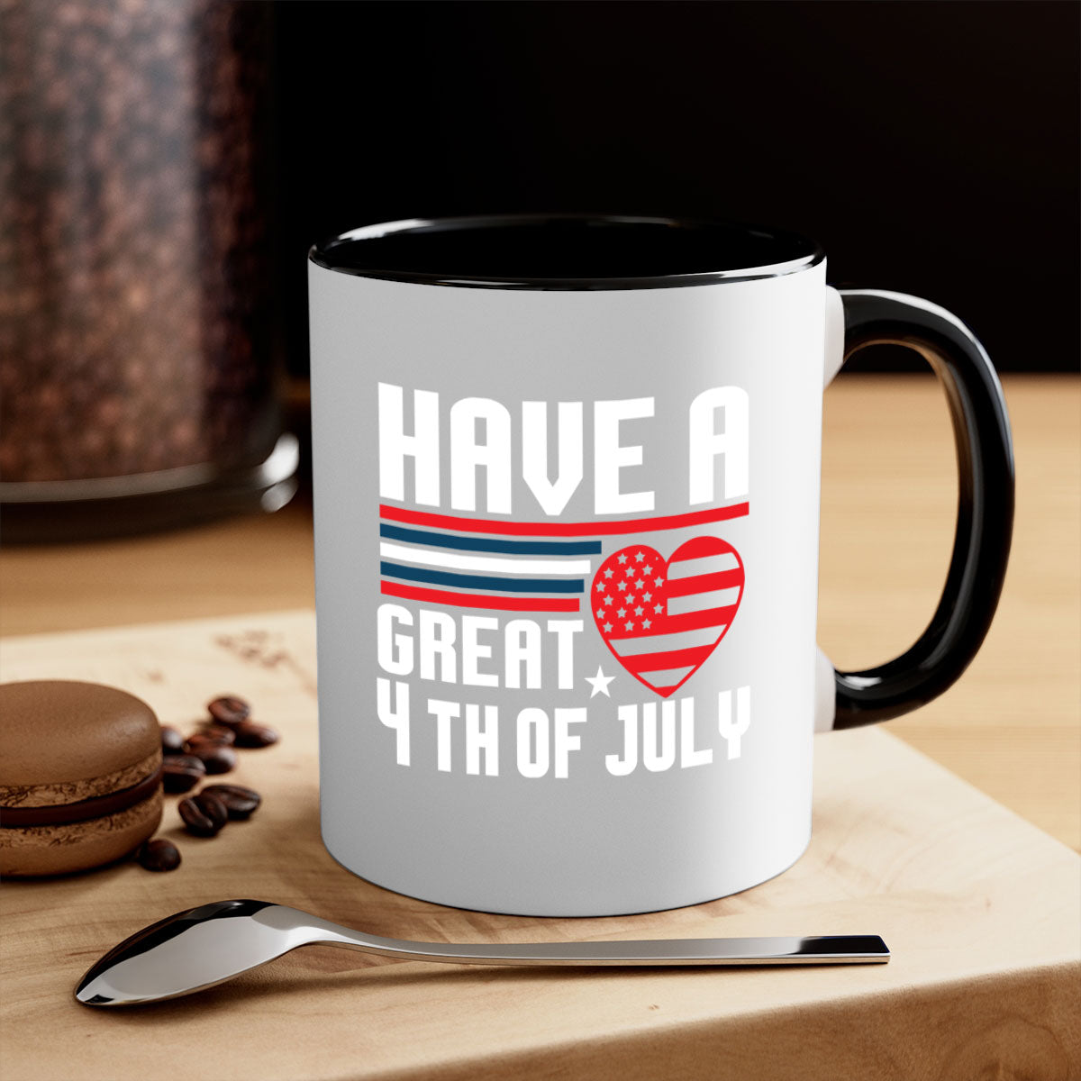 A stylish two-tone 4th of July mug with a colored handle and glossy finish, perfect for coffee or tea.