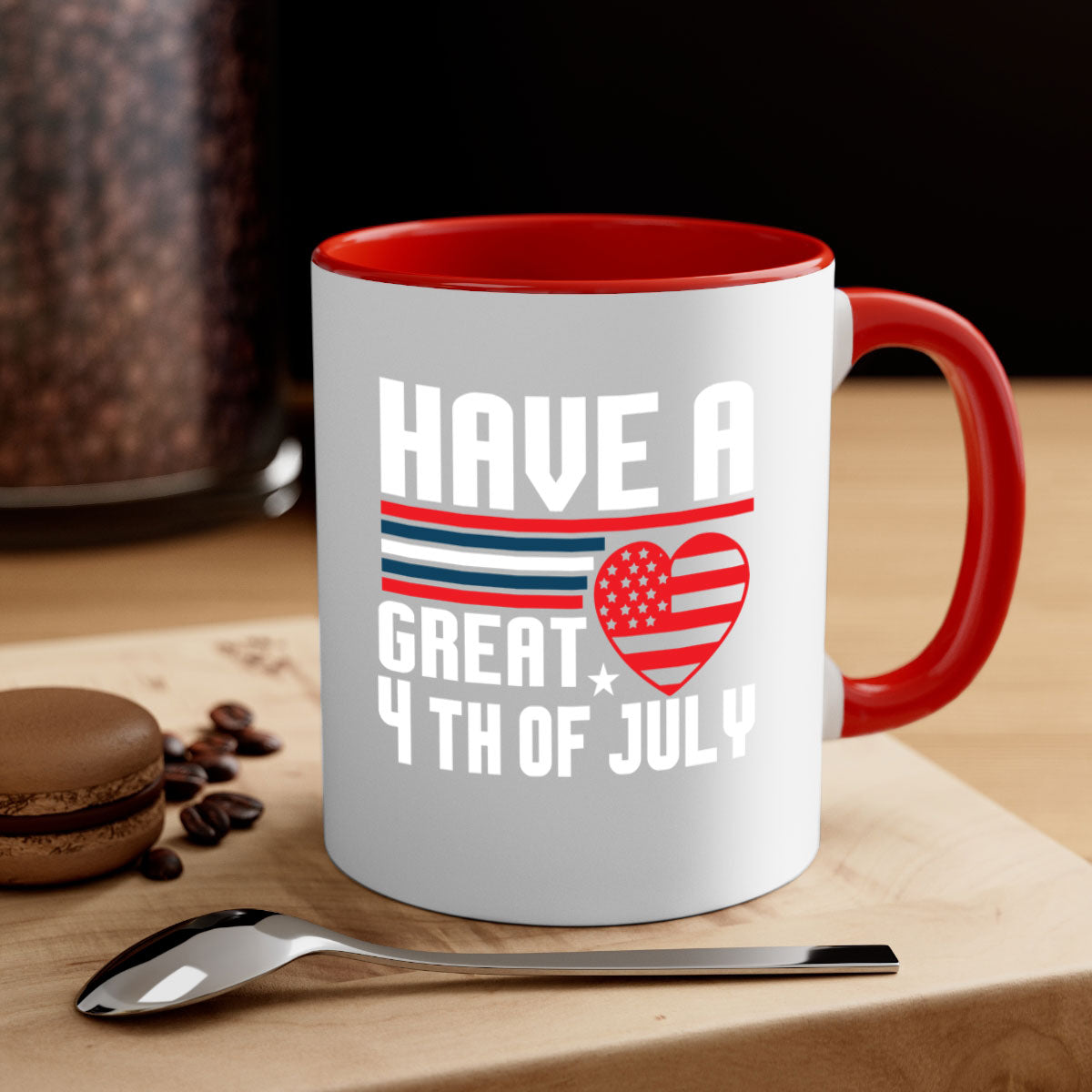 A stylish two-tone 4th of July mug with a colored handle and glossy finish, perfect for coffee or tea.