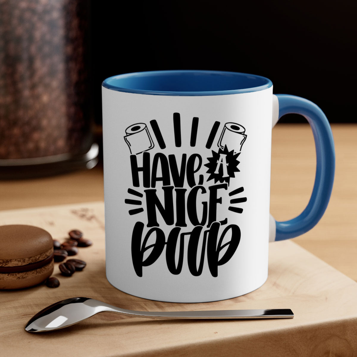 Have a Nice Poop Mug with a glossy finish and colorful handle, available in multiple sizes.